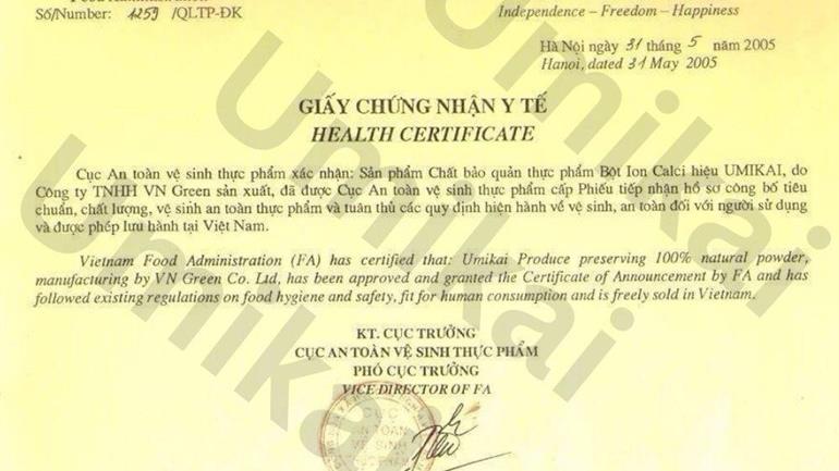 GIẤY CHỨNG NHẬN Y TẾ VÀ LƯU HÀNH - BỘ Ý TẾ